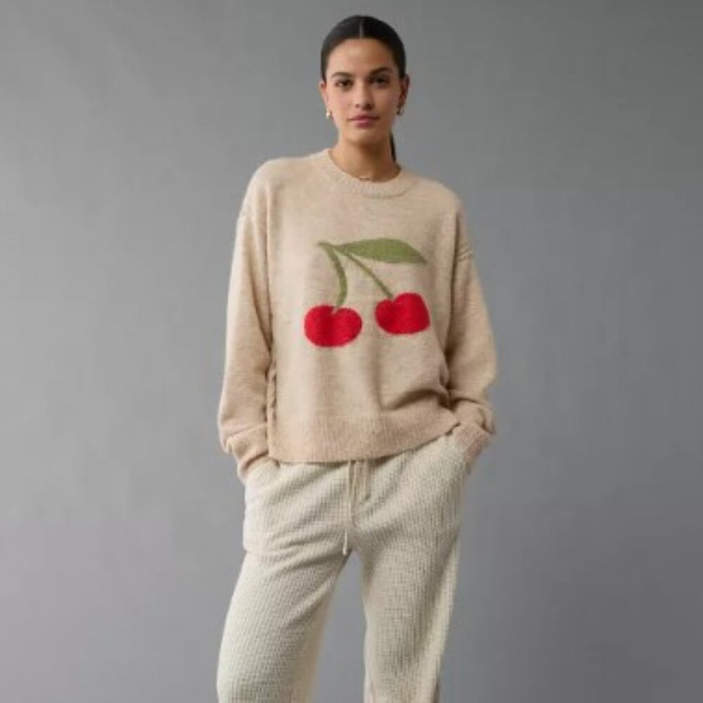 NWT American Eagle AE Whoa So Soft Cherry Crew Neck Sweater Size Small
